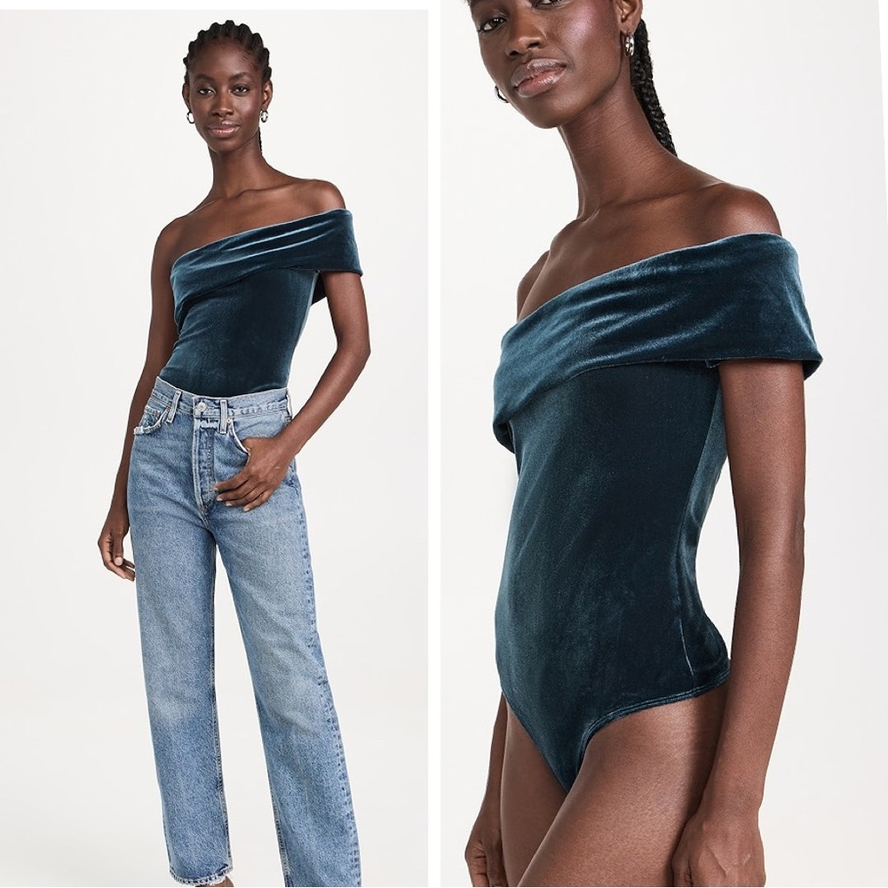 AGOLDE Bree Velvet Banded One Shoulder asymmetric Bodysuit Blizzard NWT $178 Sm